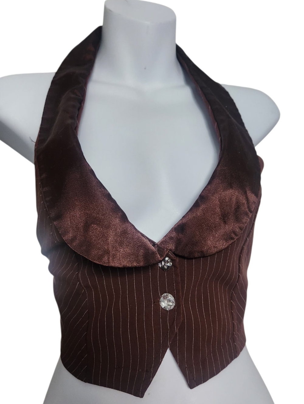 Vintage Brown Satin Collar Pinstripe Cropped Vest